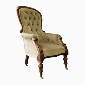 Victorian Walnut & Velvet Scroll Arm Button Back Library Armchair with Original Brass Castors