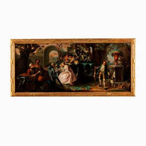 Artista di scuola francese, Festa galante nel parco, Dipinto ad olio, Metà del 1700, Con cornice