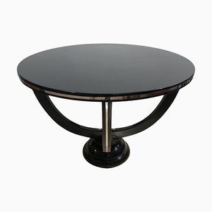 Art Deco Round Side Table in Black Lacquer and Metal, France, 1930s