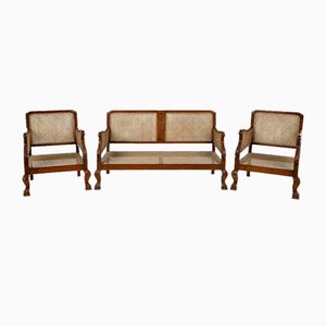 Rattan Bench & Armchairs, Set of 3