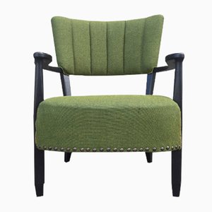 Danish Black Wooden and Green Wool Curved Easy Chair, 1940s