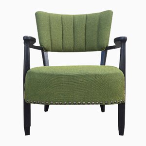 Fauteuil Courbé en Bois Noir et Laine Verte, Danemark, 1940s