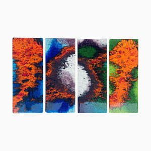 Large Ceramic Art Tiles with Multi Color Bright Glazes, 1970s, Set of 4
