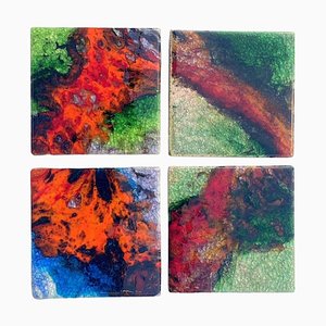 Square Ceramic Art Tiles with Multi Color Bright Glazes, 1970s, Set of 4