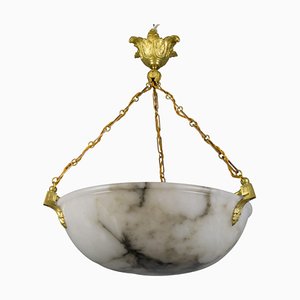 Large White Alabaster with Black Veins & Bronze Pendant, 1920s