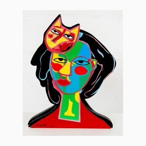Corneille, Woman and Cat, Paint on Wood