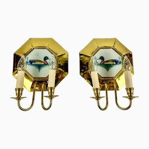 Paire D'appliques Murales Vintage – Porcelaine Rose Et Métal Doré, 2 Feux, Bougies, E14