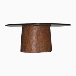 Table Basse Antique Sculptée en Souche d'Arbre avec Plateau en Verre Circulaire