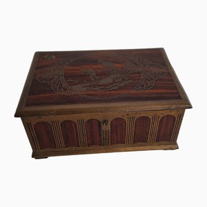 Antique German Lidded Box in Rosewood with Figural Brass Inlays from Erhard & Söhne, 1910s