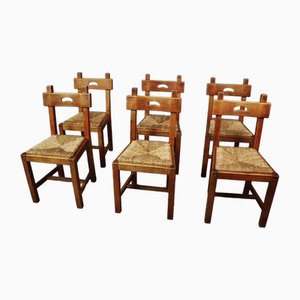Rustic Dining Chairs in Oak and Rush, Spain, 1960s, Set of 6