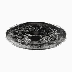 Grand Plat en Verre Soufflé avec Oiseaux de Paradis Gravés, 1970s