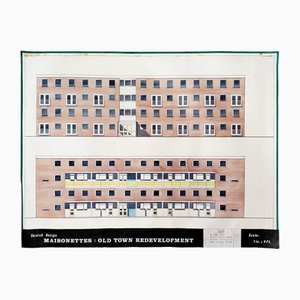 Disegno architettonico colorato a mano di appartamentini a Poole Town, Inghilterra, anni '60