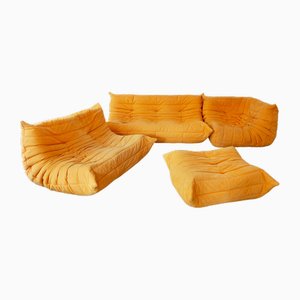 Canapé d'Angle Togo en Microfibre Jaune, Pouf, 2 Places & 3 Places par Michel Ducaroy pour Ligne Roset, Set de 4