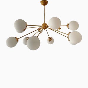 Sputnik Chandelier in Brass with 12 Opaline Spheres
