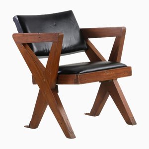 Sedia PJ-SI-49-A in teak e pelle di Pierre Jeanneret, anni '60