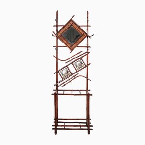 Art Nouveau Bamboo Stand Hall Mirror Coat Rack & Majolica French Folk Art Tiles, 1900s