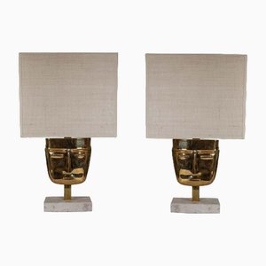 Vintage Brass Face Sculpture Table Lamps, 1970s, Set of 2