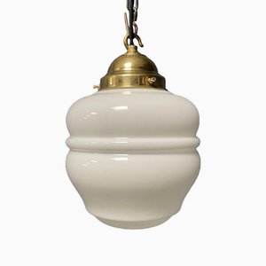 Lampe à Suspension en Verre Opalin et Laiton, Angleterre