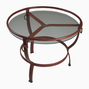 Round Brown Leather Tripod Coffee Table by Jacques Adnet, 1950s