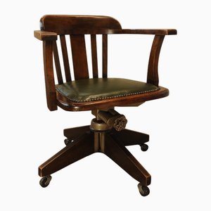 Silla de escritorio victoriana giratoria de roble con asiento de cuero verde Racing, década de 1890