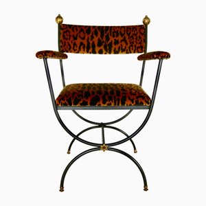 French Curule Armchair in Leopard Silk Velvet, 1960s
