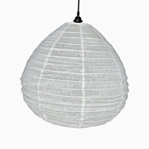 Large Japanese Natural Rattan and Linen Pendant Light in the Shape of a Drop