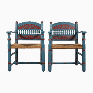 Antike Bauernstühle aus blau lackiertem Holz mit Sitzen aus Kordel von Axel Einar Hjorth, 1880er, 2er Set
