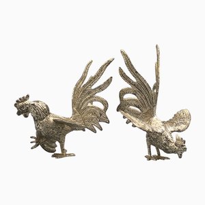 Deux Coqs de Combat Vintage en Métal Argenté, Set de 2