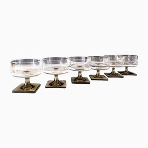 Linear Smoke Berlin Cups in 24% Lead Crystal & Square Base George Butler Jensen for Rosenthal, Set of 6