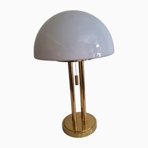 Lampada da tavolo vintage con struttura in ottone e paralume in vetro bianco opaco di Limburg, Germania, anni '80