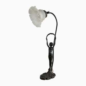 Table Lamp with Art Deco Bronze Statuette and White Art Glass Tulip Bowl, France, 1940s