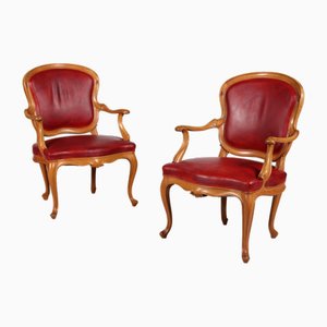 Dänische Rokoko Armlehnstühle aus Nussholz & rotem Anilinleder, 1880, 2er Set