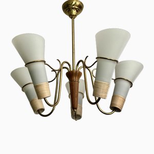 Lustre Moderniste Mid-Century en Laiton, Bouleau et Verre, Suède, 1940s