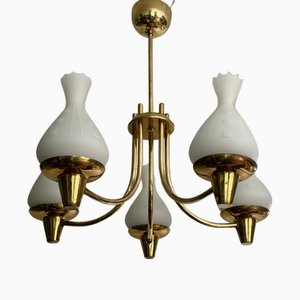 Lustre Mid-Century en Laiton et Verre, Suède, 1940s