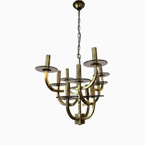 Lampadario Mid-Century moderno in ottone e vetro fumé di Gaetano Sciolari, anni '60