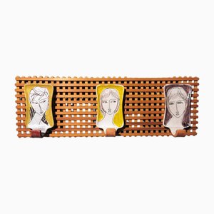 Vintage Italian Wood and Ceramic Coat Rack by Artist Alvaro Cartei, 1960s