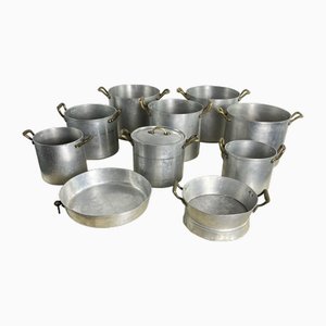 Mid-Century Aluminum and Brass Saucepans, Baking Tray and Sieve, 1940s, Set of 10