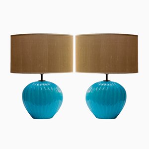 Sky Blue Ribbed Barovier Murano Glass Table Lamps, 1960s, Set of 2