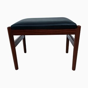 Komplett restaurierter dänischer Teak Fußhocker mit schwarzem Lederbezug, 1960er