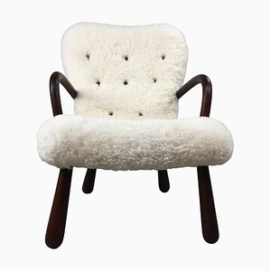 Danish Clam Chair in Sheepskin, Reuplhostered, 1950s