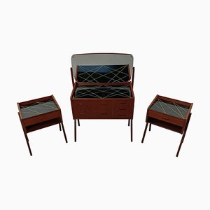 Fully Restored Teak Vanity Table and Nightstands with Decorated Glass Tabletops, 1960s, Set of 3