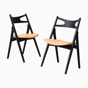 Set of Fully Restored Sawbuck Chairs in Ebonized Oak by Hans J. Wegner for Carl Hansen & Søn, 1950s