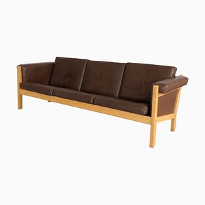 Danish Three-Seat Sofa in Oak and Brown Leather by Hans J. Wegner for Getama, 1960s