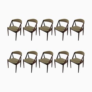 Sillas de comedor de teca, tapicería personalizable, años 60. Juego de 10