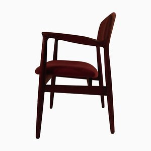 Poltrona in teak, tessuto rosso e pelle di Harbo Sølvsten, anni '50