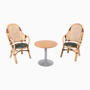 Vintage Rattan-Bamboo Indoor/Outdoor Chairs with Table, 1970s, Set of 3