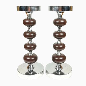 Candleholders on Steel Frame with Wooden Spheres, Set of 2