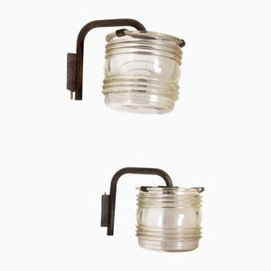 Wall Lights in Burnished Brass, Cylindrical Fresnel Glass by Tito Agnoli for Oluce, 1960s, Set of 2