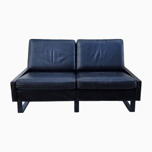 Canapé 2 Places Conseta Vintage en Cuir Noir avec Pieds Traîneau en Acier Noir et Gris par FW Möller pour Cor, 1970s