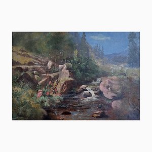 Edouard Rheiner, Mountain Landscape and Small Stream, Oil on Canvas, 1890s-1910s, Framed